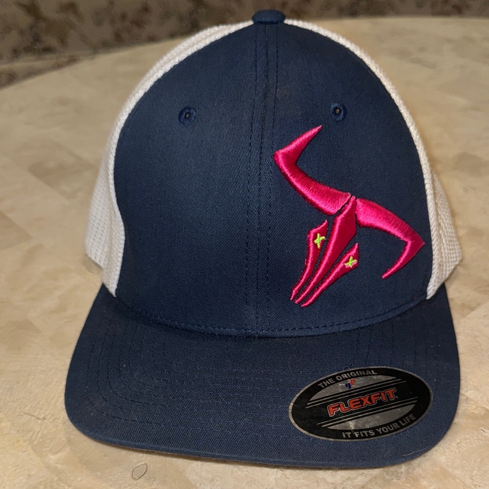 Navy and White Trucker Hat with Pink Logo